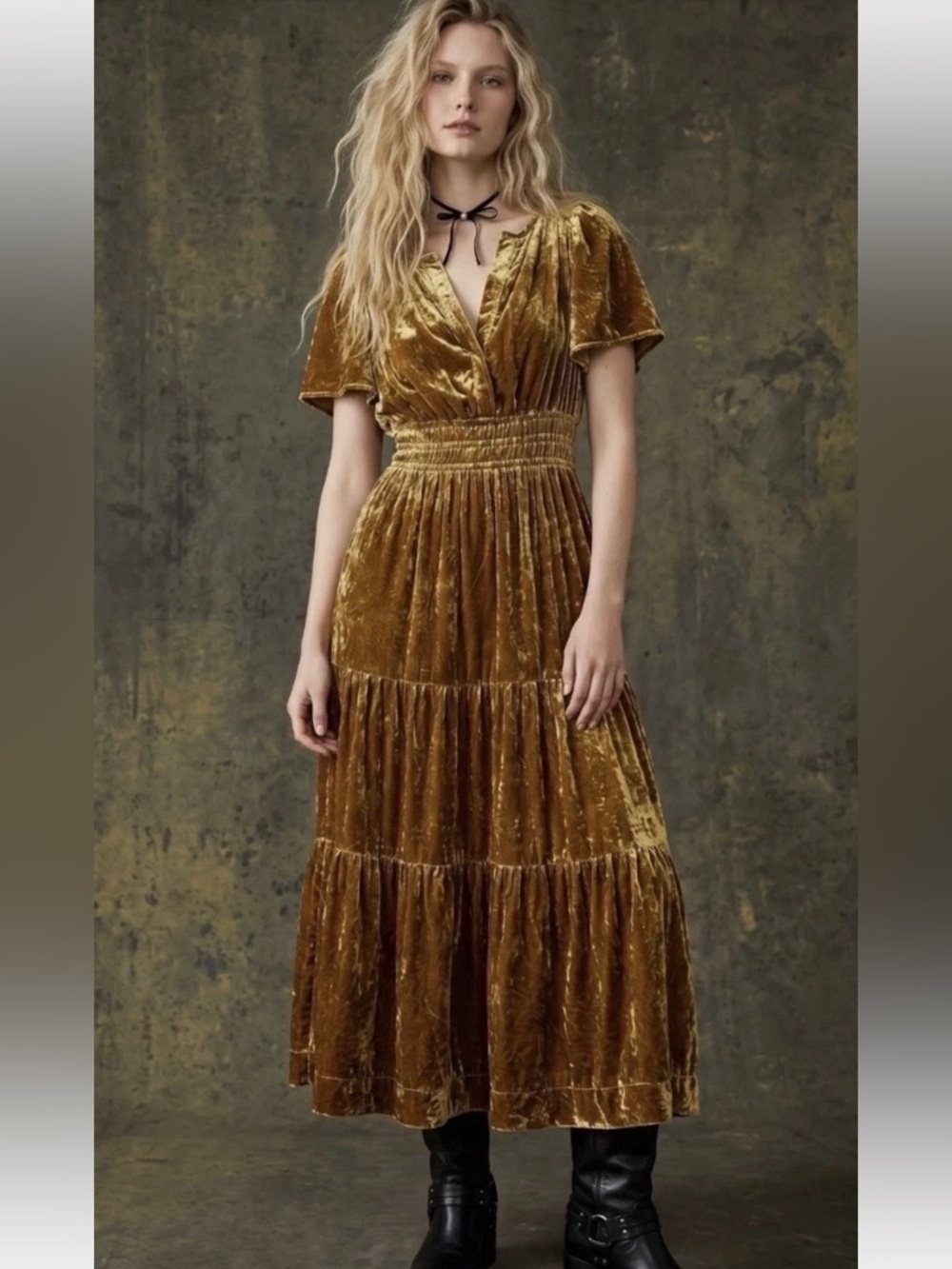 Anthropologie The Somerset Maxi Dress Velvet Edition Bamboo Women’s Sz S Tiered